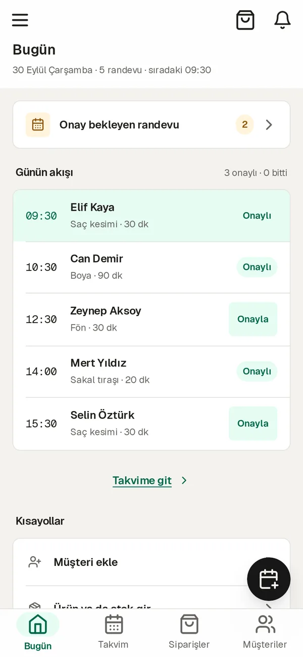 Kolayİş Bugün ekranı: günün randevuları ve onay bekleyenler